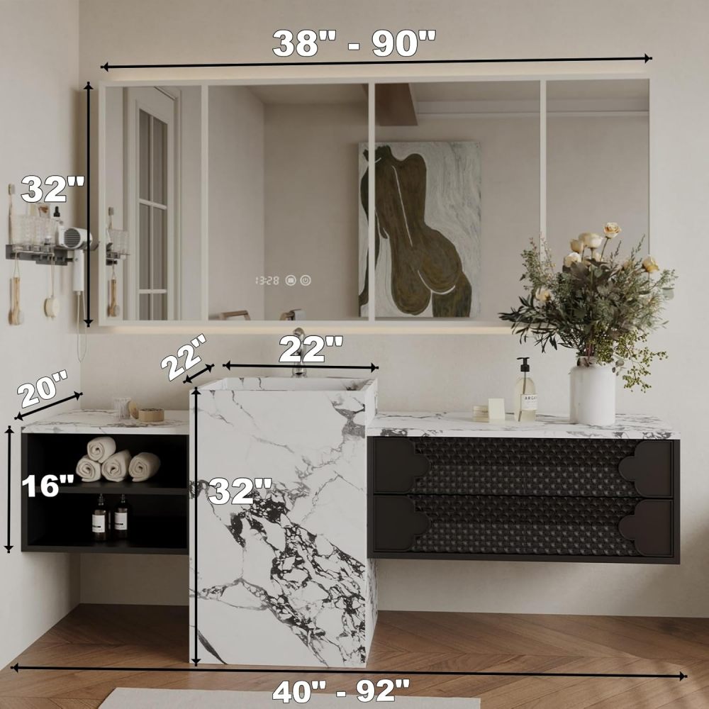 Bathroom Vanity with Sink - Modern Single Pedestal Sink Bathroom Vanity Cabinet with Smart LED Anti-Fog Mirror Set, Freestanding Design for Contemporary Bathrooms (Black,52")