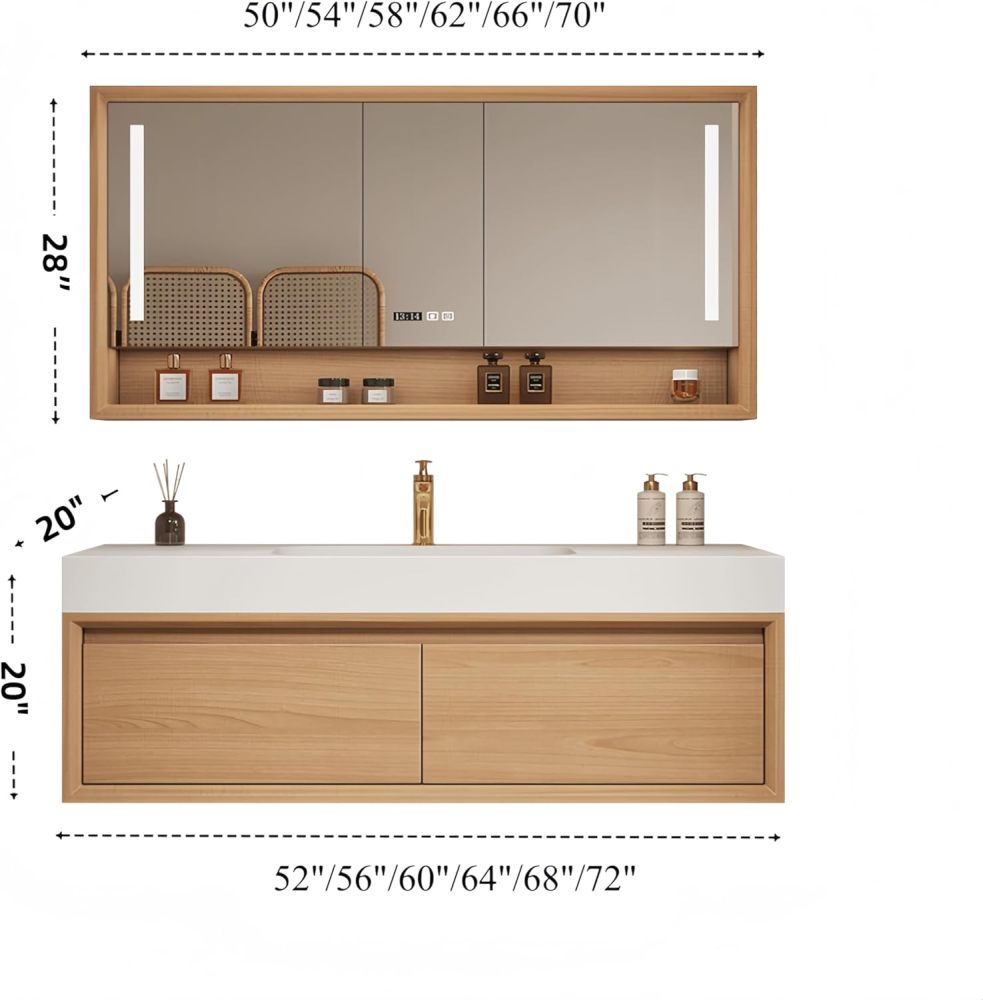 60 in Solid Wood Bathroom Vanity with Sink - Modern Floating Vanity Cabinet with LED Anti-Fog Mirror | Stylish Wall-Mounted Storage for Contemporary Bathrooms