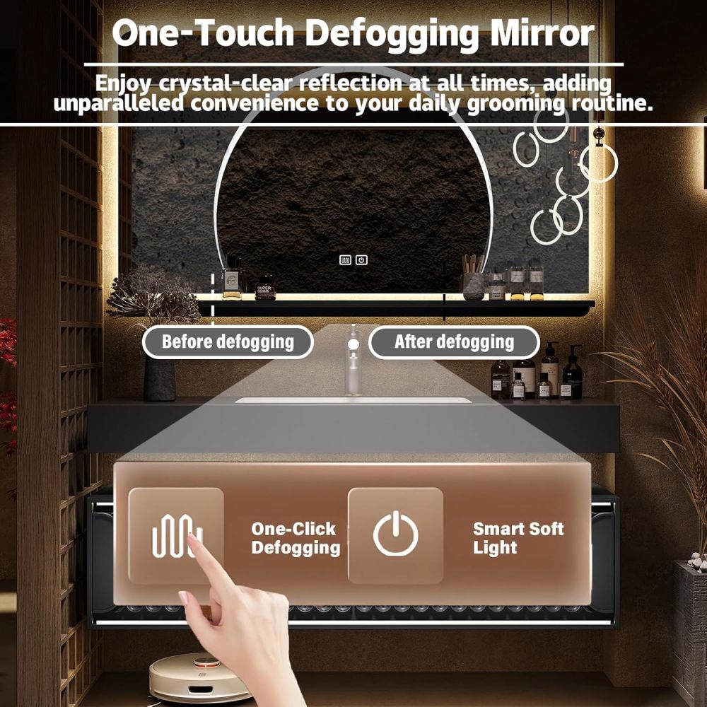 Brown 64IN Floating Bathroom Vanity with Sink - Bathroom Vanity Set | Luxurious and Stylish Design | Equipped with LED Smart Defogging Mirror Cabinet | Marble Slab Countertop | Oak Carving