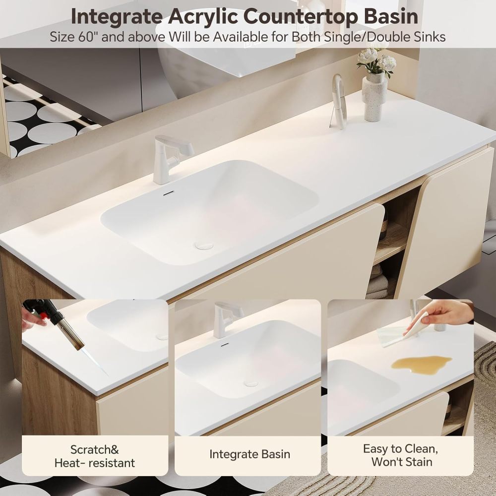 82IN Single Sink Bathroom Vanity - Wall-Mounted Bathroom Vanity Set | Stylish & Technological Design | LED Smart Defogging Mirror Cabinet | Integrated Stone Countertop | Multi-Layer Solid Wood