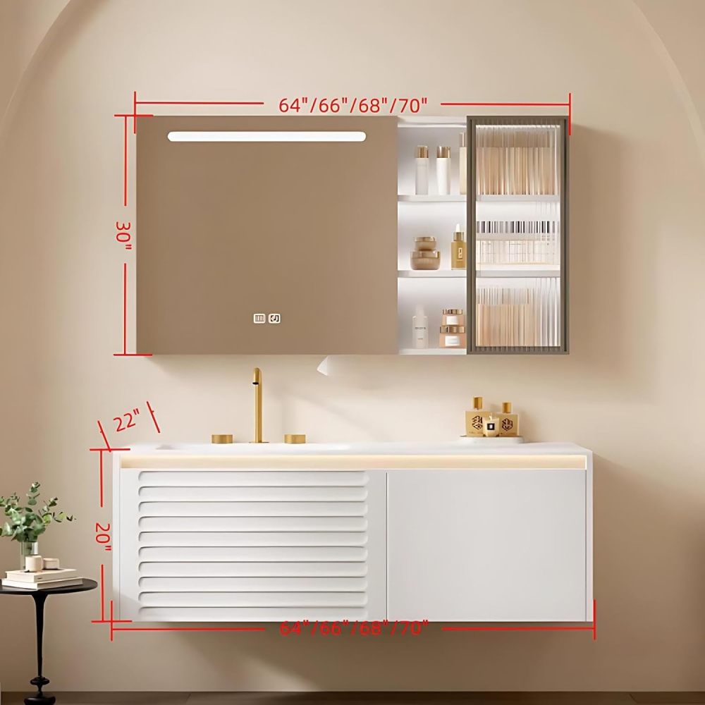 66 inch Bathroom Sink Vanity - Luxury Floating Bathroom Vanity with Anti-Fog Mirror & Drawer, One-Piece Countertop, Solid Wood, Striped Design, Waterproof Coating, Fully Assembled, White B