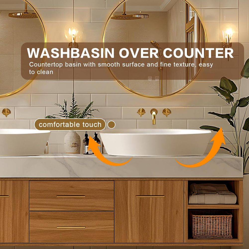 Bathroom Vanity - Floating Bathroom Vanity with Double Sinks Includes Above Counter Sink & Round Mirror|Retro Log Style,Exquisite Handle,Open Storage Cabinet(68IN)