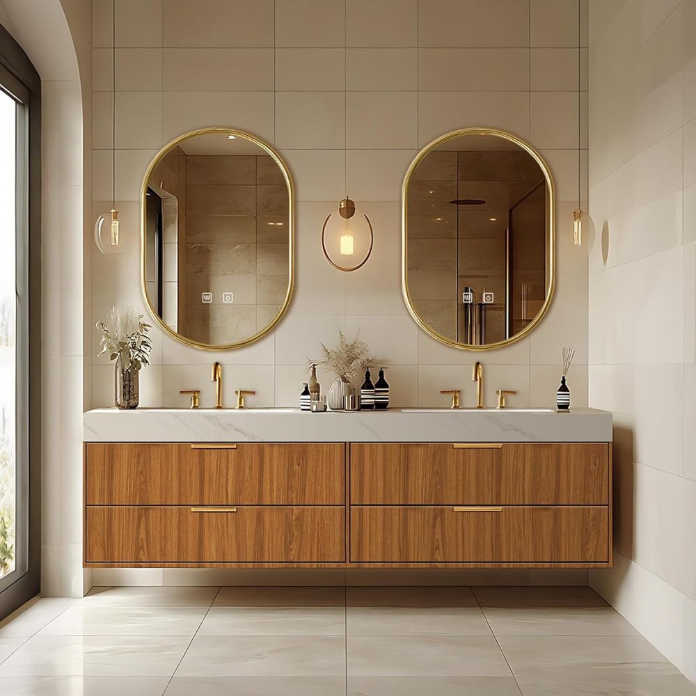 68 inch Bathroom Vanity – Floating Bathroom Vanity with Double Sinks Includes Symmetrical Cabinet & Irregular Mirror|Modern Log Style,LED Smart Defogging Mirror