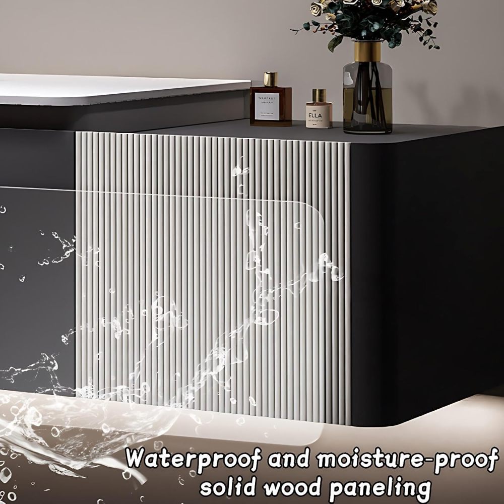 Modern Bathroom Vanity - with Sink and Anti-Fog Mirror | Light Gray Cabinet | Solid Wood Bathroom Vanity Cabinet | White Corian Integrated Basin | Large Storage | Soft Close Drawer(Gray,52 in)