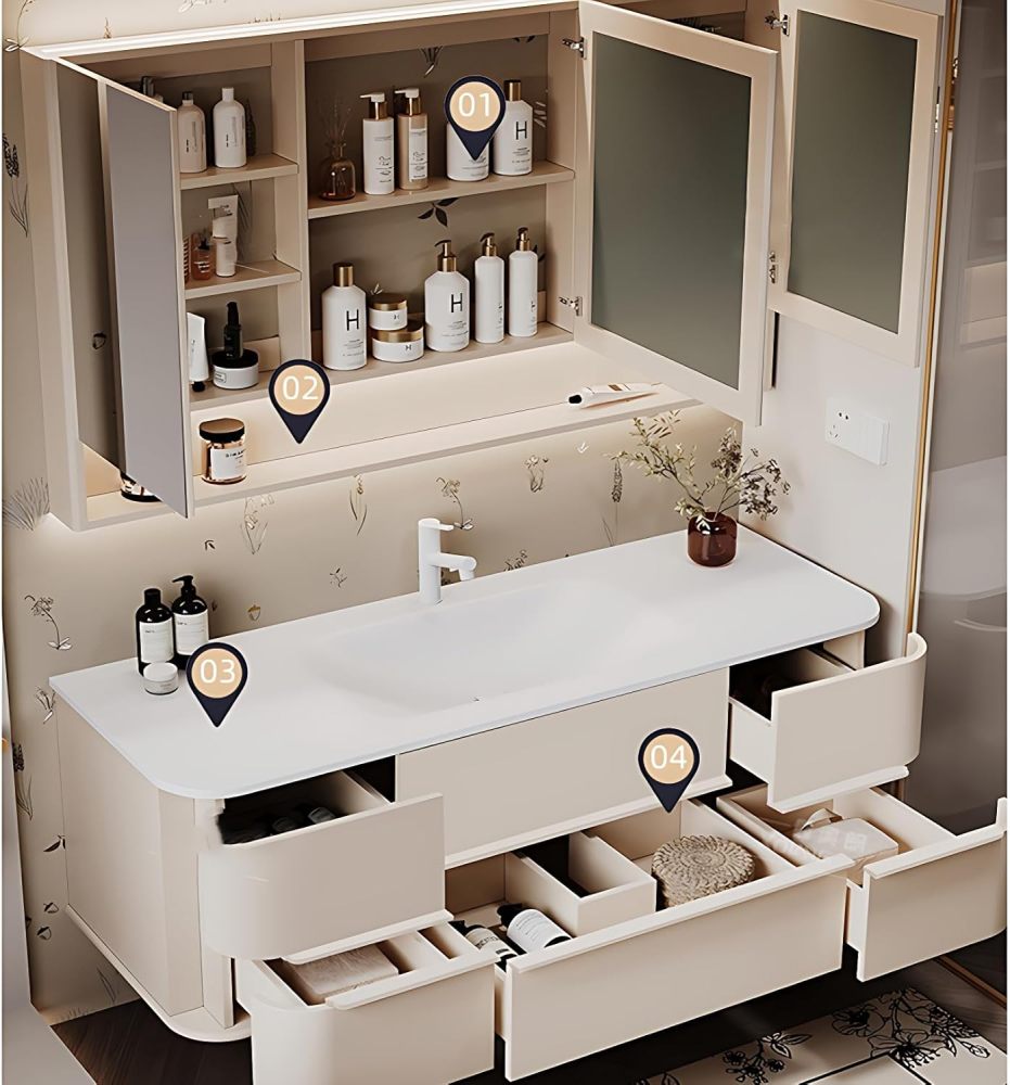 Modern Bathroom Vanity with Sink - Premium Bathroom Sink Cabinet, Floating Vanity with Smart Anti-Fog Mirror, Ample Storage, Easy Assembly, Solid Wood Construction (Round Mirror, 44")