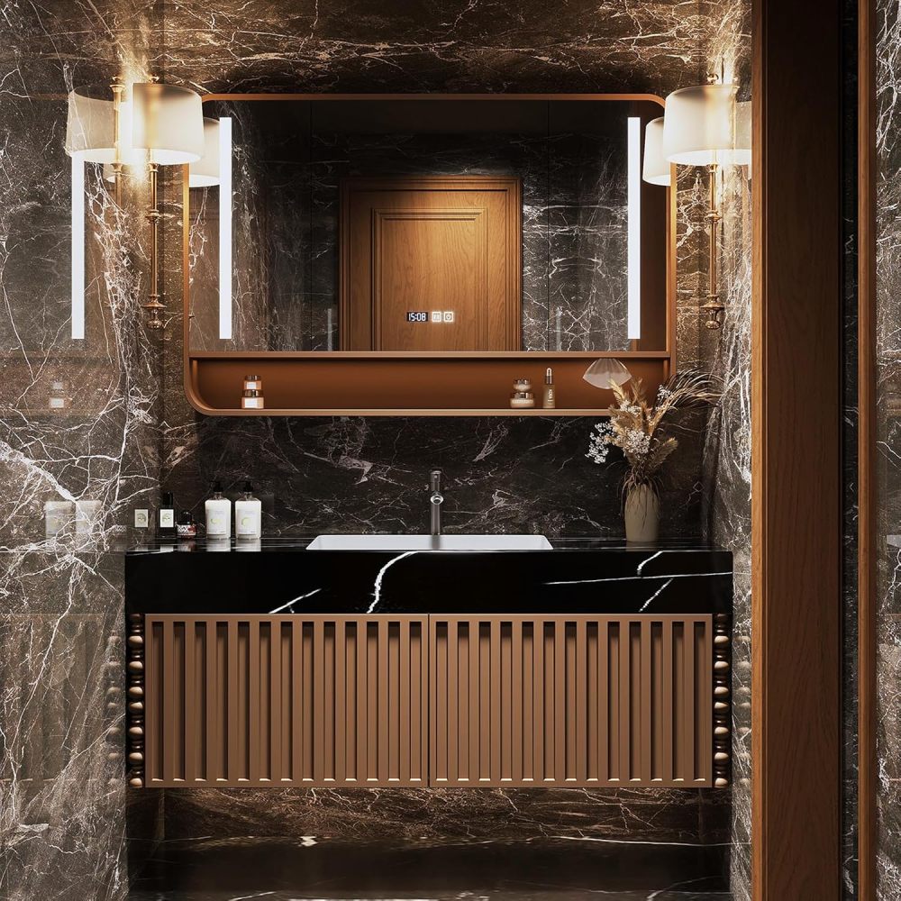 44IN Bathroom Vanity with Sink - Luxurious Floating Bathroom Vanity | Equipped with LED Smart Defogging Mirror Cabinet | Marble Countertop | Oak Carving | Luxurious and Stylish