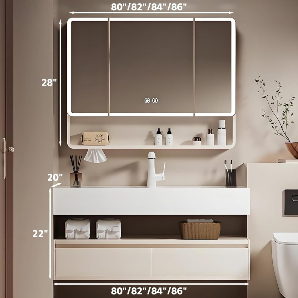 86IN Smart Bathroom Vanity with Sink - Wall-Mounted Bathroom Vanity Set | Equipped with LED Defogging Mirror Cabinet | Seamless Stone Countertop | Modern Design | Multi-Layer Solid Wood