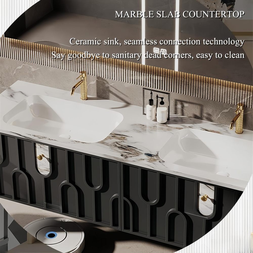 76 in Double Bathroom Vanity with Sink - Floating Solid Wood Bathroom Vanity Cabinet with LED Anti-Fog Mirror, Modern Stylish Vanity for Luxury Bathrooms | Black