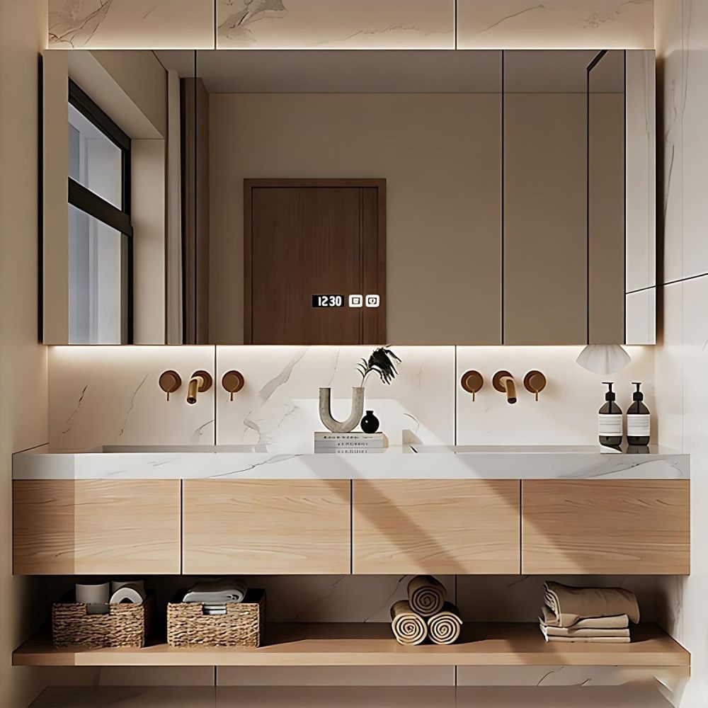 56IN Double Sink Bathroom Vanity - Modern Bathroom Vanity with Smart Defog Mirror Cabinet, One-Touch Defog, Sink Cabinet with Multiple Storage Areas, Multi-Layer Solid Wood, Mirror Cabinet
