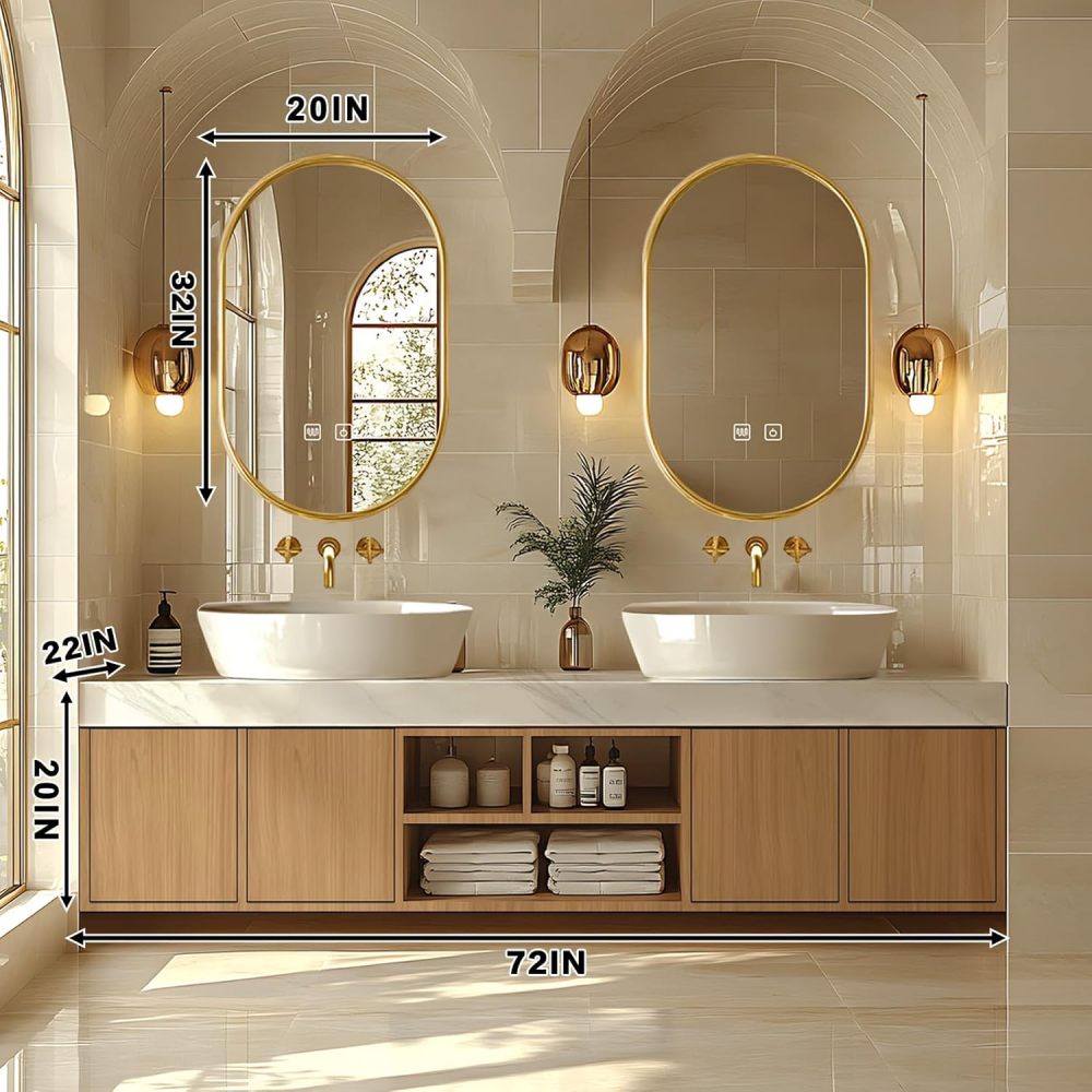 Bathroom Vanity - Modern Bathroom Vanity with Double Sinks Includes Solid Wood Cabinet & Round Mirror|Retro Log Style,Open Storage Rack,Hidden Handle(72IN)