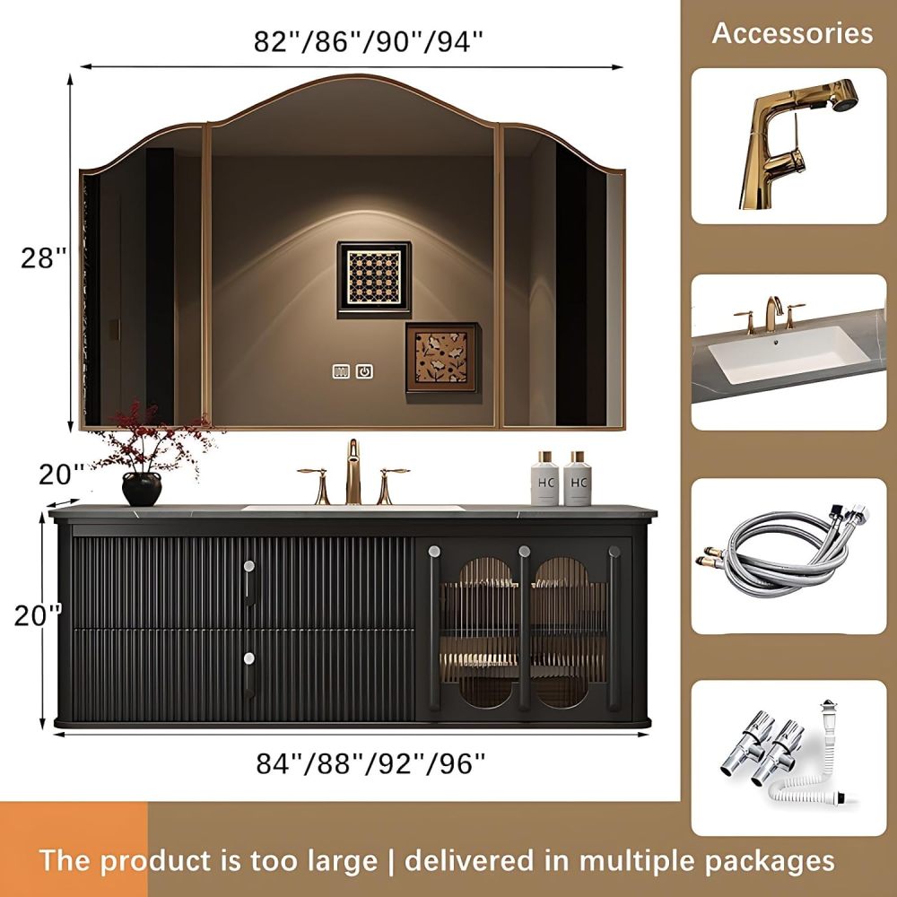 Black 96 in Classic Bathroom Vanity with Sink - Floating Bathroom Vanity Set - Includes LED Smart Defogging Mirror Cabinet & Faucet - Solid Oak Material - Wall Mount