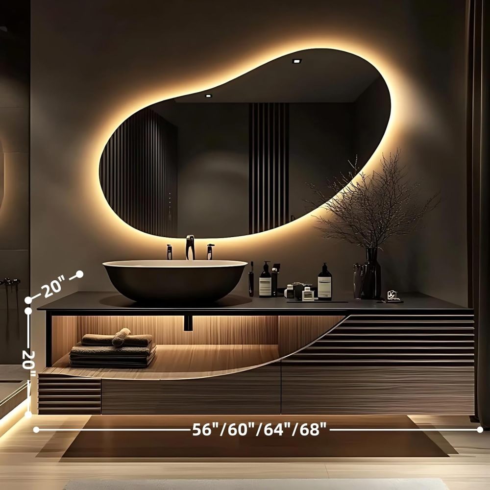 Modern Bathroom Vanity with Sink - Wall-Mounted Floating Solid Wood Bathroom Vanity | LED Smart Anti-Fog Mirror,Stylish Above-Counter Ceramic Sink (Brown,56 in)