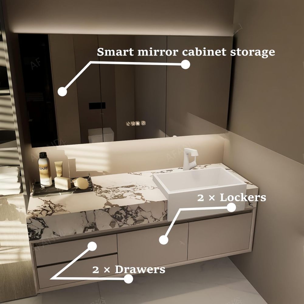 72 in Modern Bathroom Vanity with Sink - Floating Wall-Mounted Solid Wood Vanity Cabinet with Smart Mirror | Raised Ceramic Basin | Anti-Fog LED Mirror | Mirror Cabinet