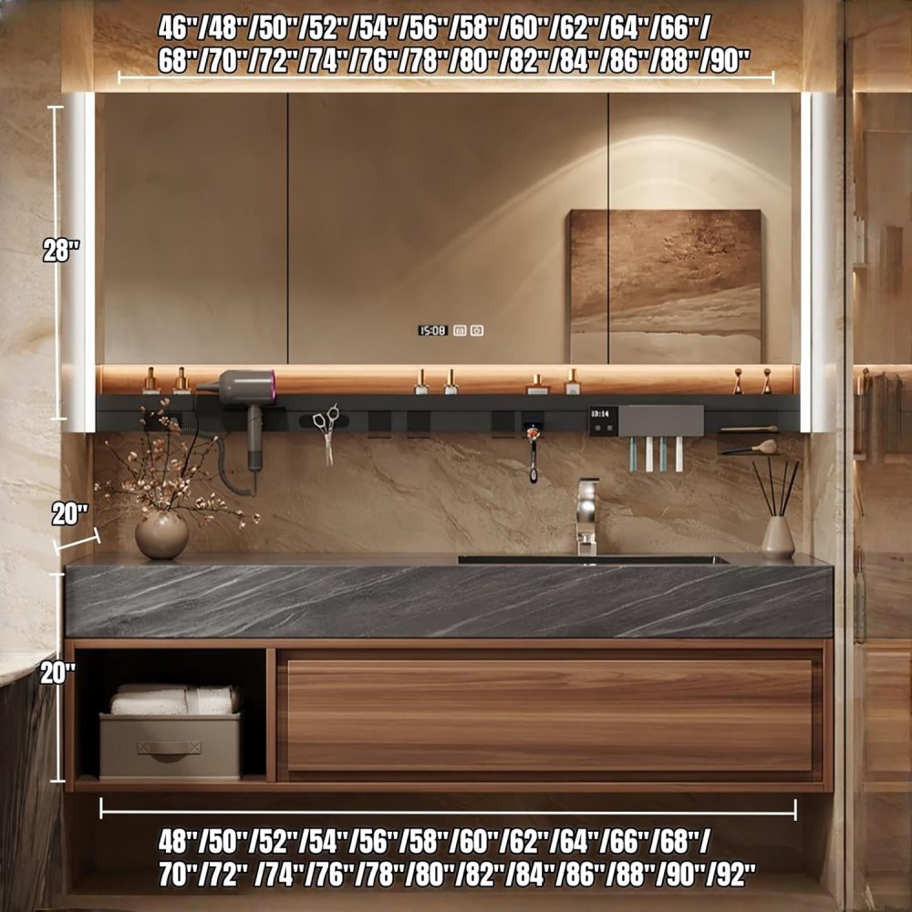 88" Bathroom Vanity with Sink - Floating Bathroom Vanities with Anti-Fog Mirror,Metal Partition Functional Storage Rack, Sink and Cabinet Combo Set,Wood Color
