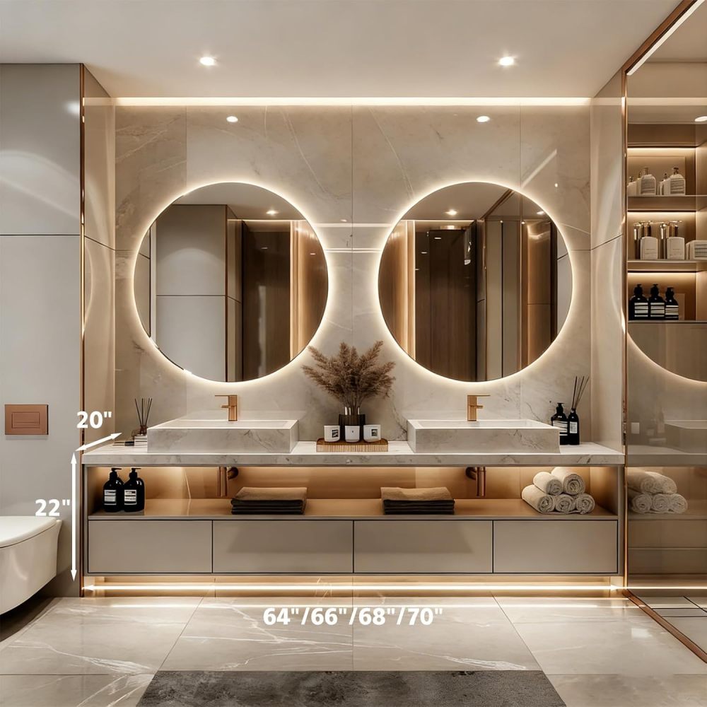 Khaki 64IN Double Bathroom Vanity with Sink - Luxury Floating Bathroom Vanity Set | Equipped with LED Smart Defogging Mirror | Marble Countertop | Multi-Layer Solid Wood