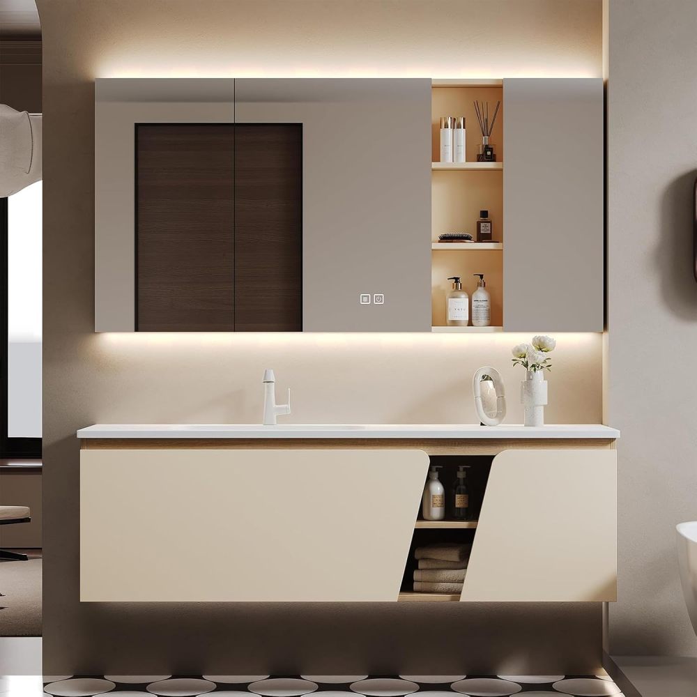 82IN Single Sink Bathroom Vanity - Wall-Mounted Bathroom Vanity Set | Stylish & Technological Design | LED Smart Defogging Mirror Cabinet | Integrated Stone Countertop | Multi-Layer Solid Wood