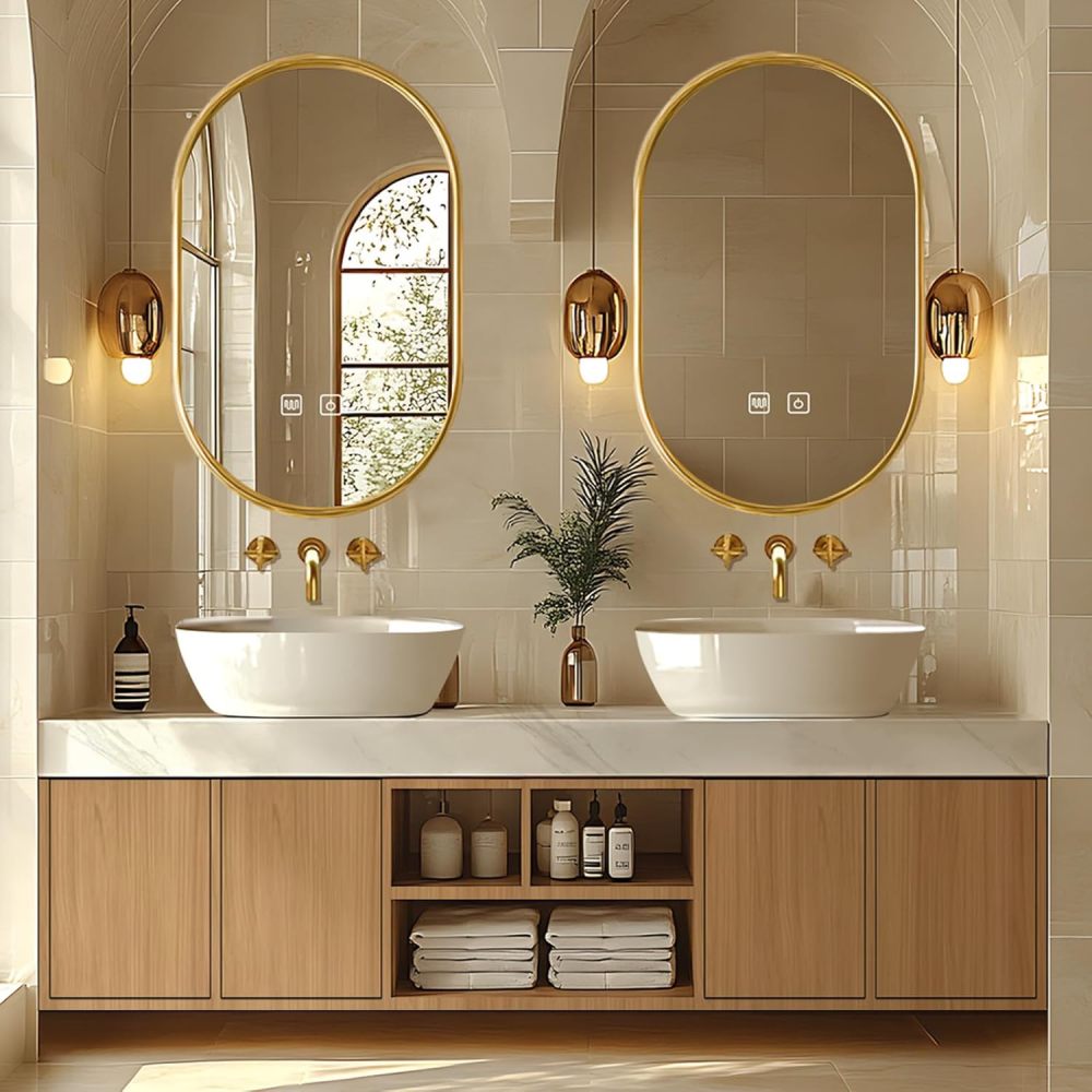 Bathroom Vanity - Modern Bathroom Vanity with Double Sinks Includes Solid Wood Cabinet & Round Mirror|Retro Log Style,Open Storage Rack,Hidden Handle(68IN)