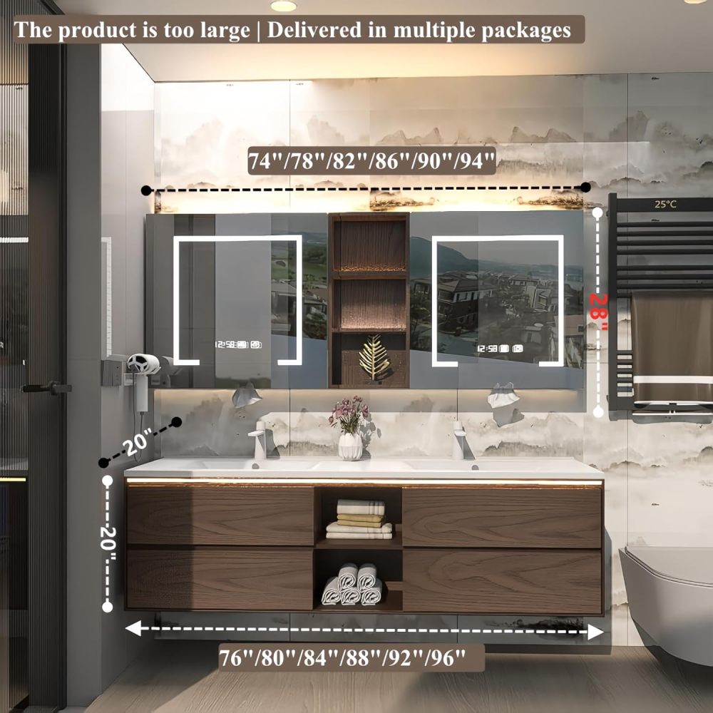 92 in Double Bathroom Vanity with Sinks - Floating Bathroom Vanity Cabinet Set | Includes LED Smart Defogging Mirror Cabinet & Faucet | Multi-Layer Solid Wood Material | Modern Design | Brown