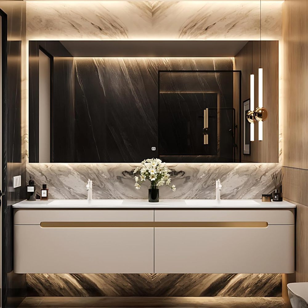 Modern Bathroom Vanity - with Sink and Anti-Fog Mirror | Solid Wood Bathroom Vanity Cabinet in Beige Matte Finish | Seamless Stone Ceramic Sink | Soft-Close Drawers(Smart Mirror,88 in)