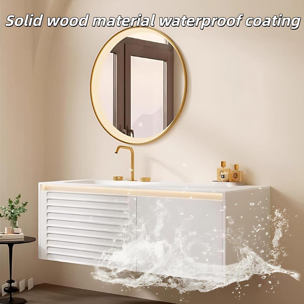 66 inch Bathroom Sink Vanity - Luxury Floating Bathroom Vanity with Anti-Fog Mirror & Drawer, One-Piece Countertop, Solid Wood, Striped Design, Waterproof Coating, Fully Assembled, White B