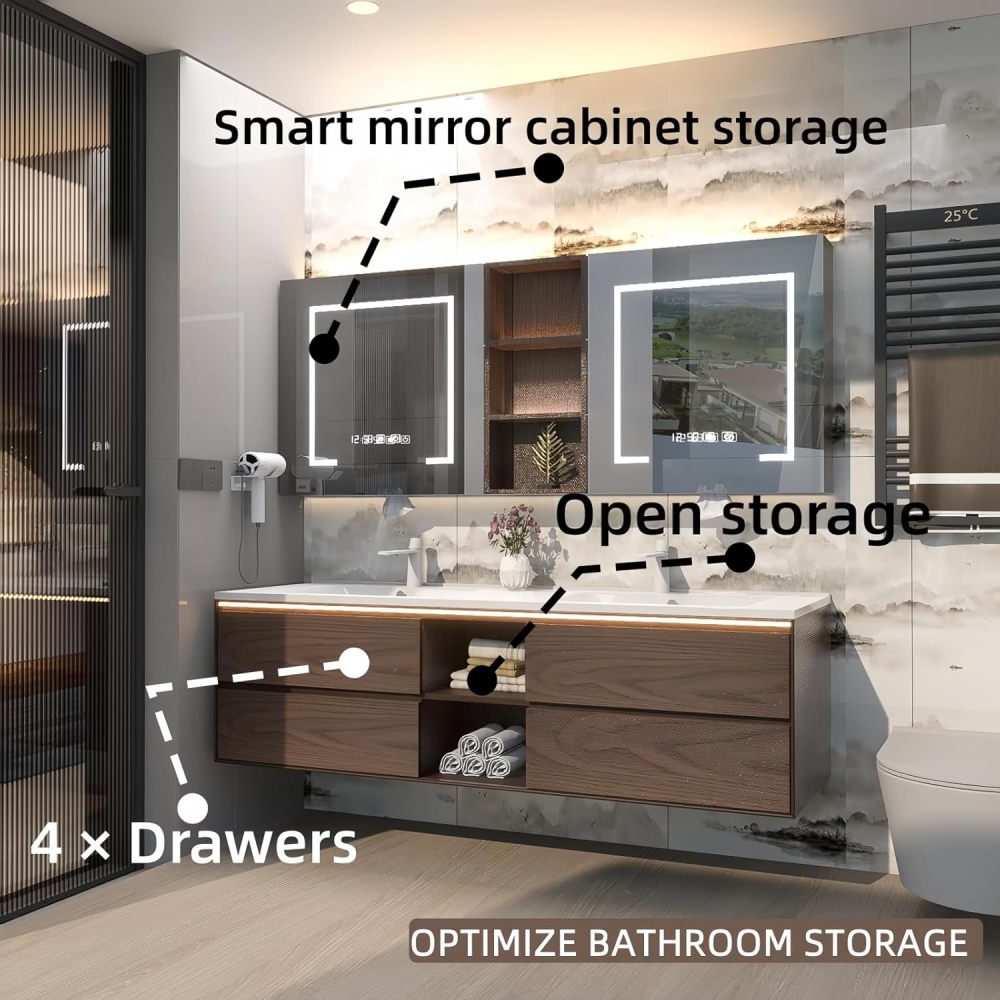 92 in Double Bathroom Vanity with Sinks - Floating Bathroom Vanity Cabinet Set | Includes LED Smart Defogging Mirror Cabinet & Faucet | Multi-Layer Solid Wood Material | Modern Design | Brown