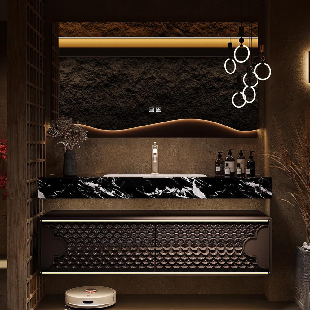 Brown 64IN Floating Bathroom Vanity with Sink - Bathroom Vanity Set | Luxurious and Stylish Design | Equipped with LED Smart Defogging Mirror Cabinet | Marble Slab Countertop | Oak Carving