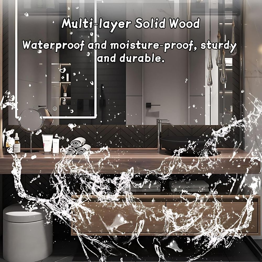 Modern Bathroom Vanity - with Sink and Anti-Fog Mirror | Solid Wood Bathroom Vanity Cabinet | with Ceramic Vessel Sink or Seamless Stone Basin | Separate Makeup Area(Brown-B,92 in)