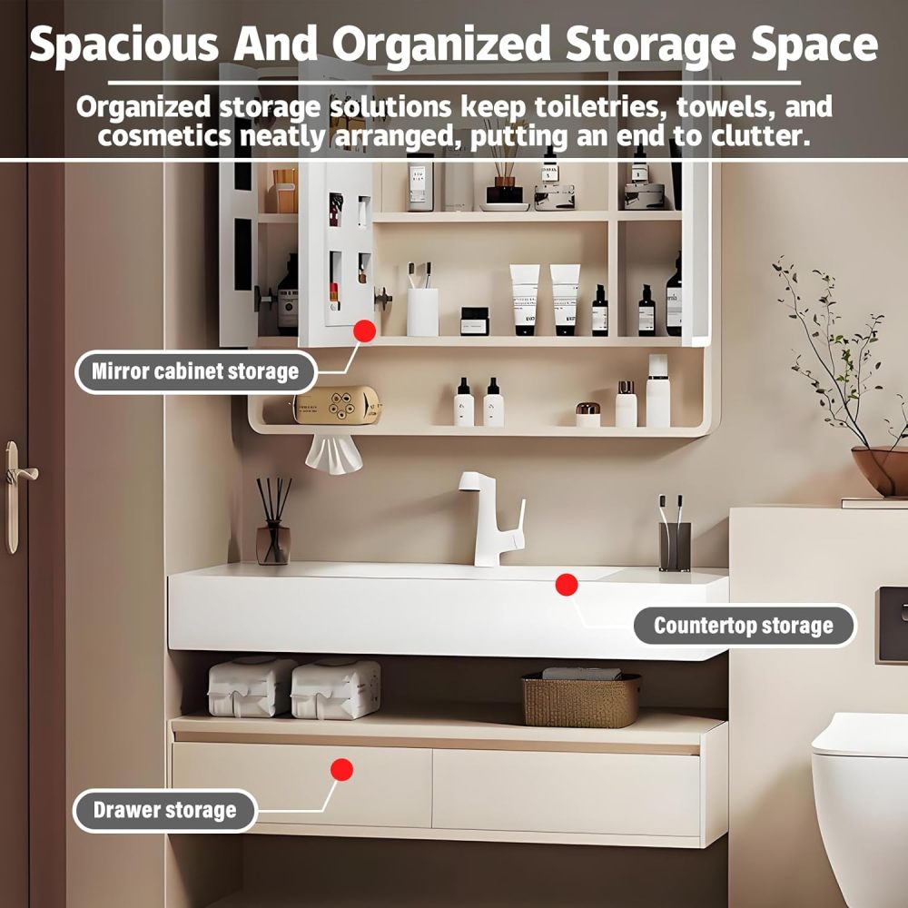 86IN Smart Bathroom Vanity with Sink - Wall-Mounted Bathroom Vanity Set | Equipped with LED Defogging Mirror Cabinet | Seamless Stone Countertop | Modern Design | Multi-Layer Solid Wood