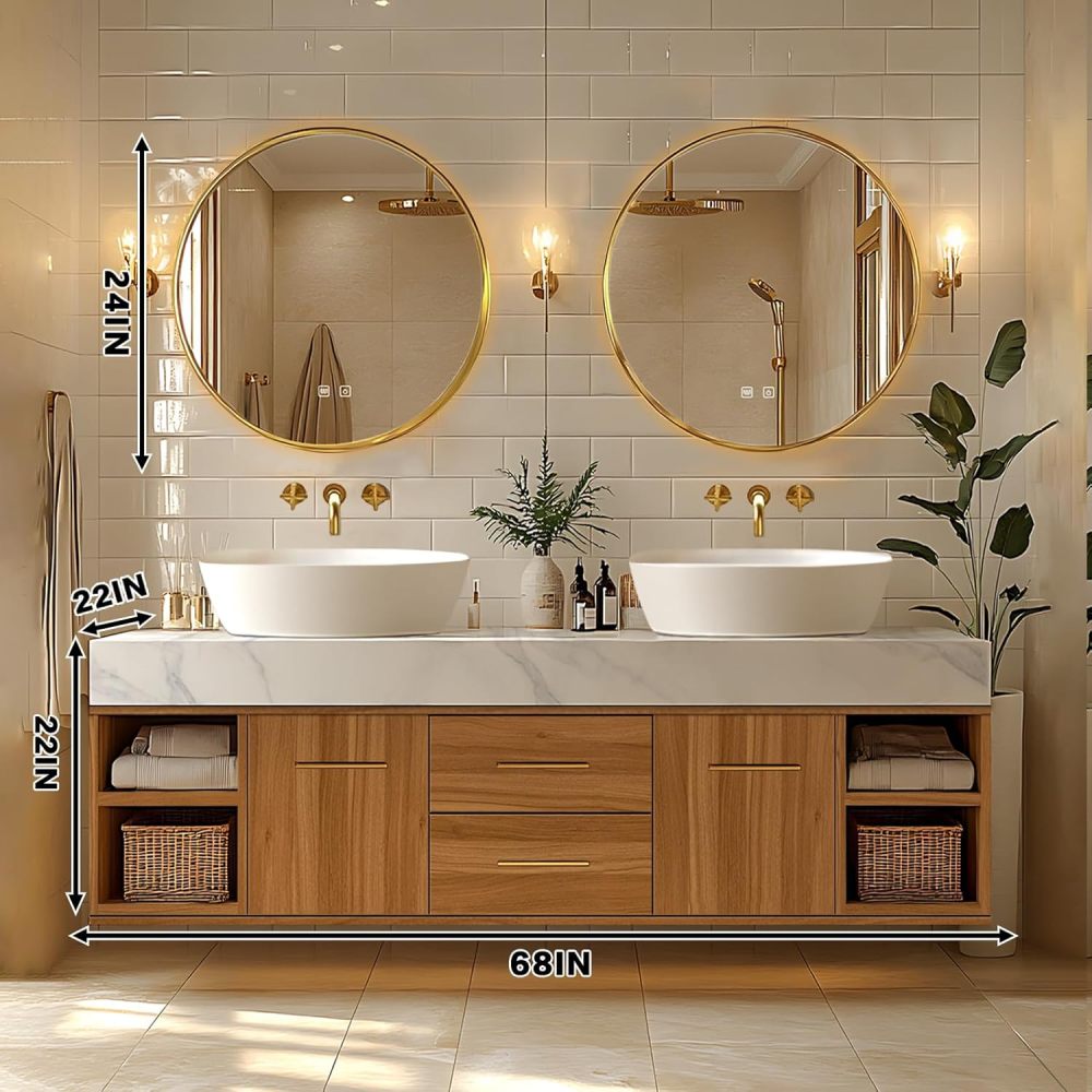 Bathroom Vanity - Floating Bathroom Vanity with Double Sinks Includes Above Counter Sink & Round Mirror|Retro Log Style,Exquisite Handle,Open Storage Cabinet(68IN)