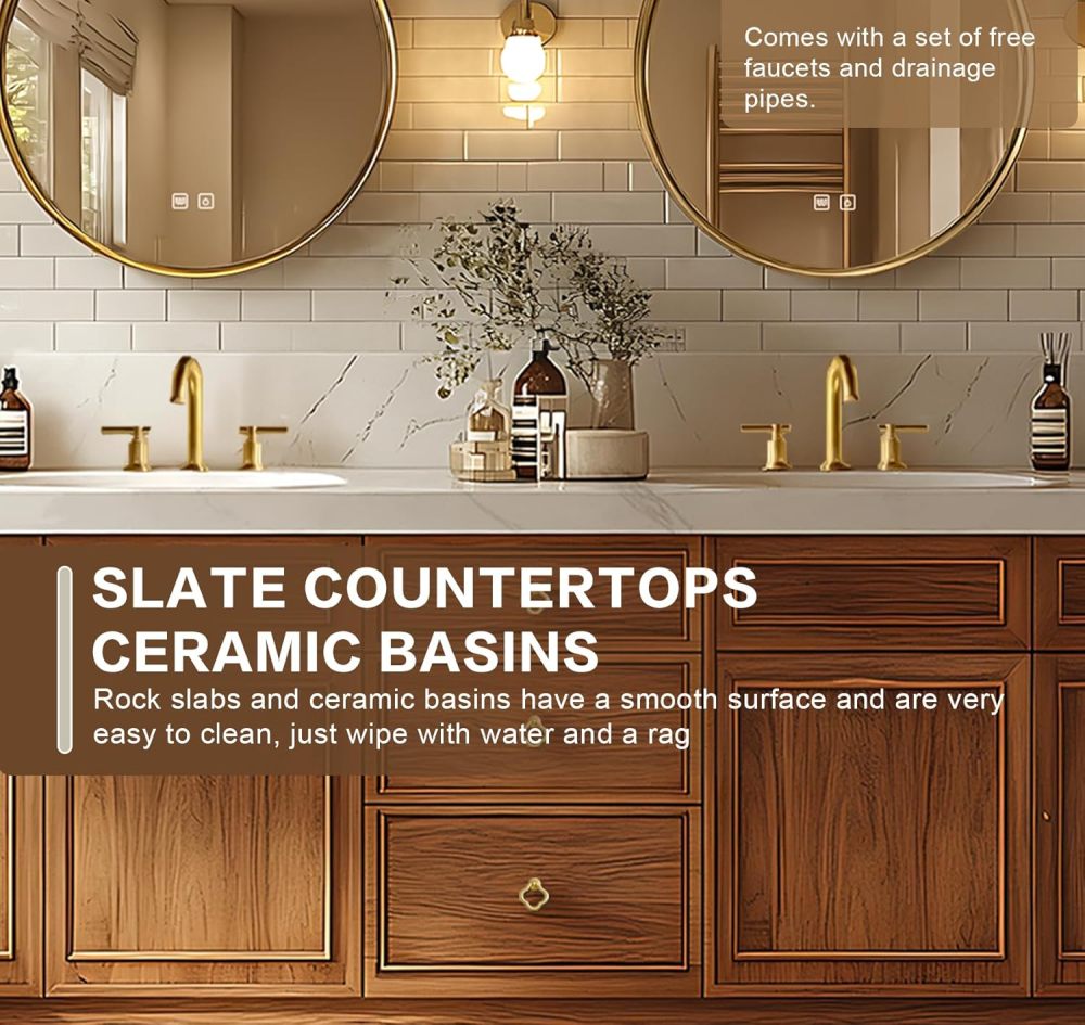 Bathroom Vanity - Modern Bathroom Vanity with Double Sinks Includes Solid Wood Cabinet & Round Mirror|American Country Style,Exquisite Accessories(96IN)