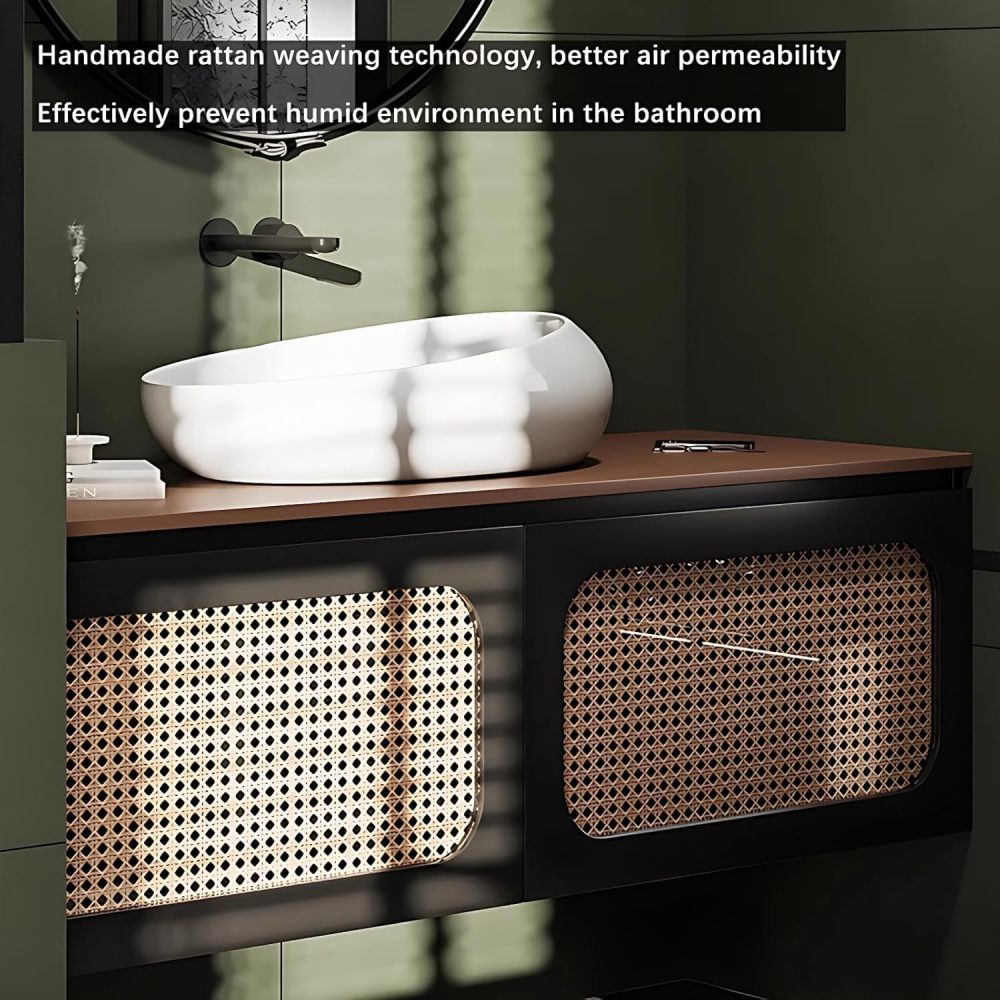 50IN Bathroom Vanity - Modern Bathroom Vanity with Anti-Fog Mirror Cabinet, One-Touch Defog & Lighting, Solid Wood Sink Cabinet with 2 Drawers, No Assembly Required, Black