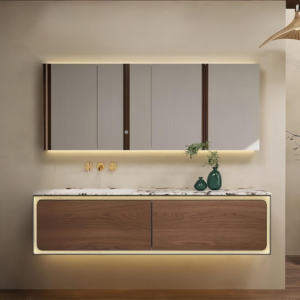 76 in Modern Bathroom Vanity with Sink - Floating Bathroom Vanity Set | Includes LED Smart Defogging Mirror Cabinet & Faucet | Multi-Layer Solid Wood Stylish Design | Smart Sensor Light