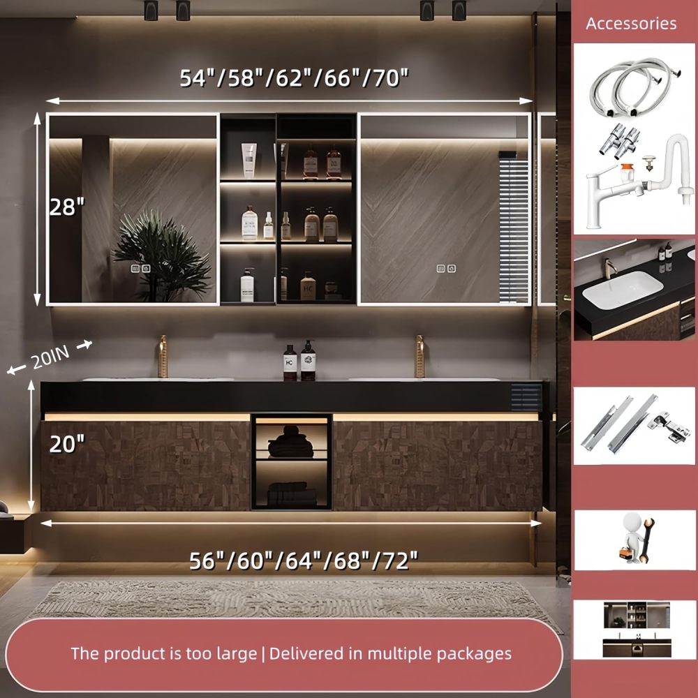 60 in Double Bathroom Vanity with Sinks - Floating Bathroom Vanity Set | Includes LED Smart Defogging Mirror Cabinet & Faucet | Multi-Layer Solid Wood Material | Smart Sensor Light | Brown