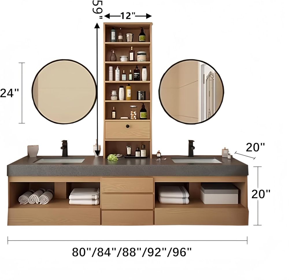 96 in Double Sink Bathroom Vanity - Floating Bathroom Vanity Set | Includes LED Smart Defogging Mirror & Faucet | Multi-Layer Solid Wood Material | Luxury Design | Wood