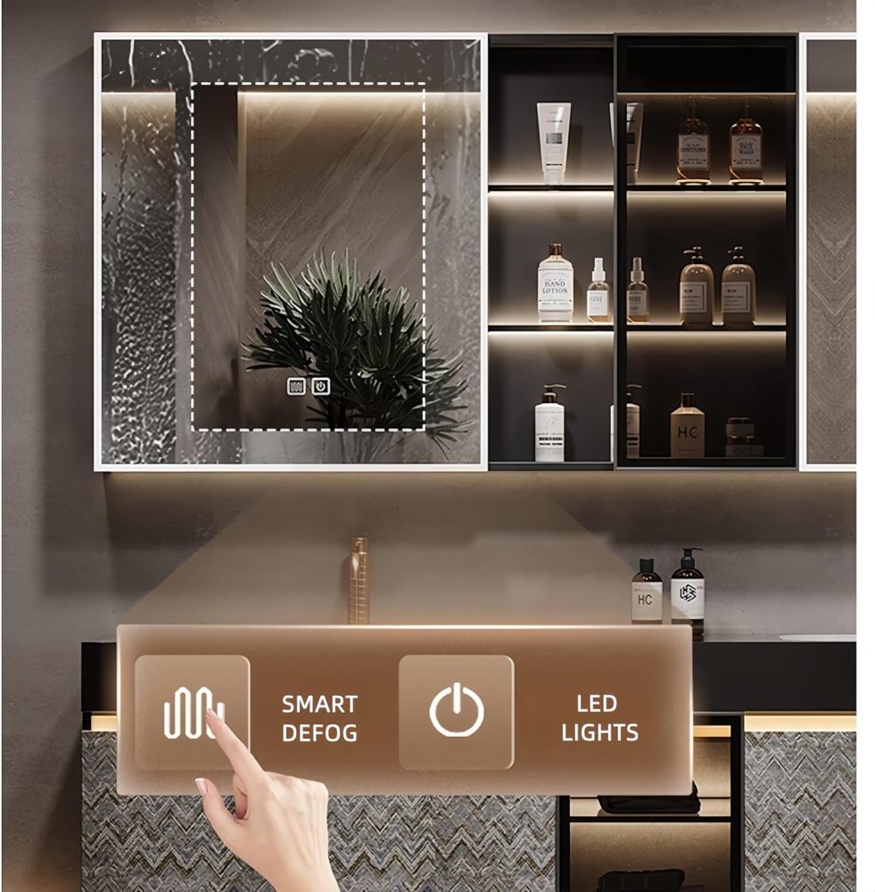 60 in Double Bathroom Vanity with Sinks - Floating Bathroom Vanity Set | Includes LED Smart Defogging Mirror Cabinet & Faucet | Multi-Layer Solid Wood Material | Smart Sensor Light | Brown
