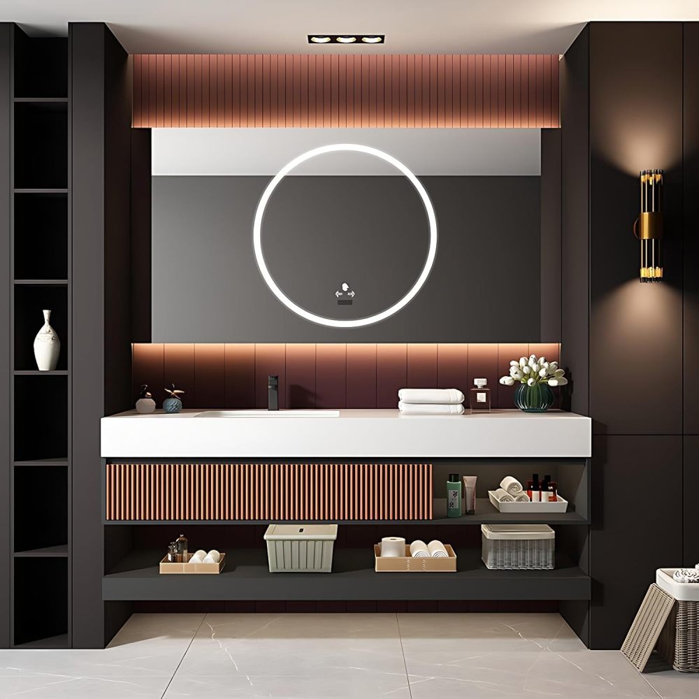Bathroom Vanity with Sink - Modern Single Sink Floating Vanity Set, Including LED Smart Defogger Mirror, Bathroom Vanity Cabinet with Multi-Layer Solid Wood Material | Wall Mounted (Brown, 36")
