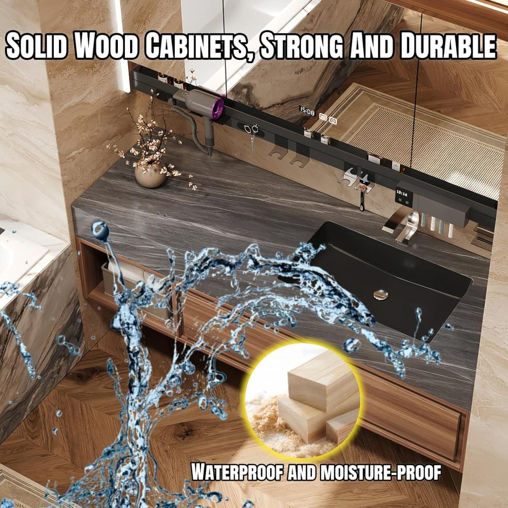 88" Bathroom Vanity with Sink - Floating Bathroom Vanities with Anti-Fog Mirror,Metal Partition Functional Storage Rack, Sink and Cabinet Combo Set,Wood Color