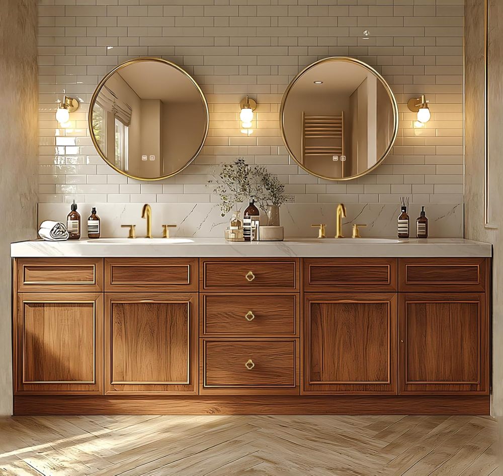 Bathroom Vanity - Modern Bathroom Vanity with Double Sinks Includes Solid Wood Cabinet & Round Mirror|American Country Style,Exquisite Accessories(96IN)