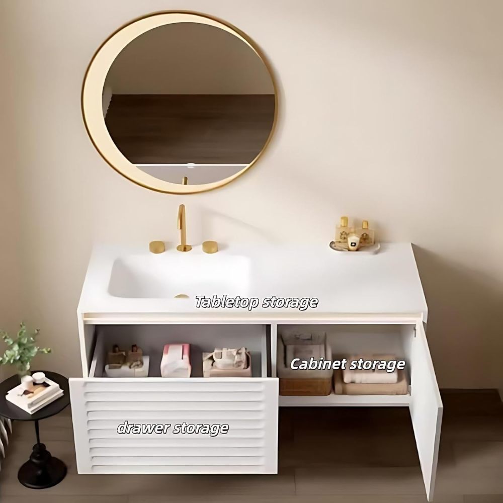 66 inch Bathroom Sink Vanity - Luxury Floating Bathroom Vanity with Anti-Fog Mirror & Drawer, One-Piece Countertop, Solid Wood, Striped Design, Waterproof Coating, Fully Assembled, White B