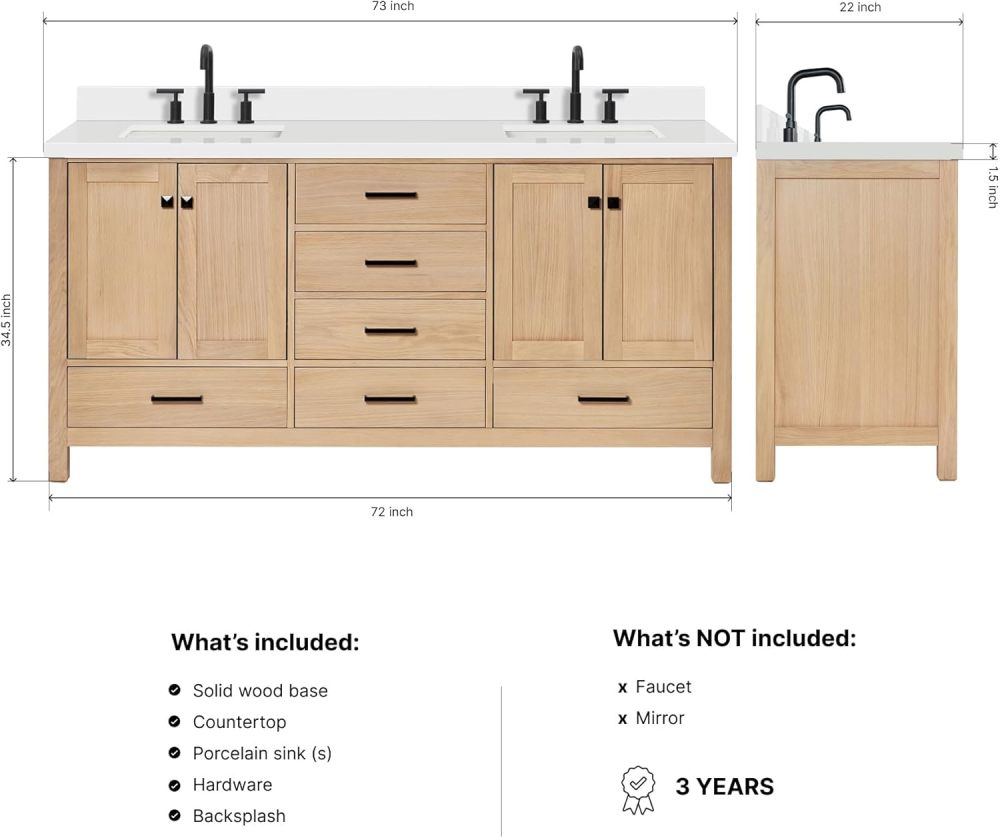 ARIEL Double Bathroom Vanity 73 inch White Oak with Rectangle Sink, 1.5 inch Edge Pure White Quartz Countertop & Backsplash, 4 Soft Closing Doors, 6 Full Extension Dovetail Drawers, Matte Black