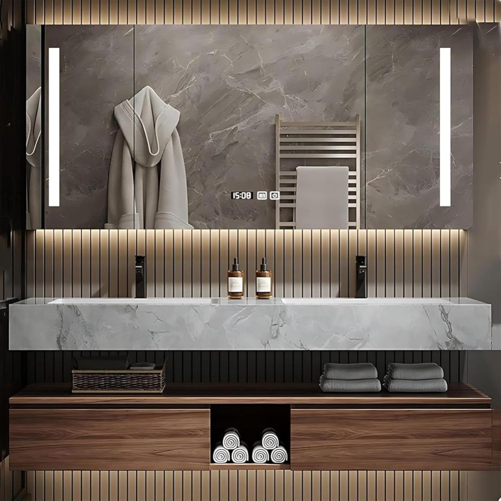 66IN Bathroom Vanity - Solid Wood Bathroom Vanity with Anti-Fog Mirror Cabinet, One-Touch Defog & Lighting, Floating Sink Cabinet with 2 Drawers, No Assembly Required,Wood