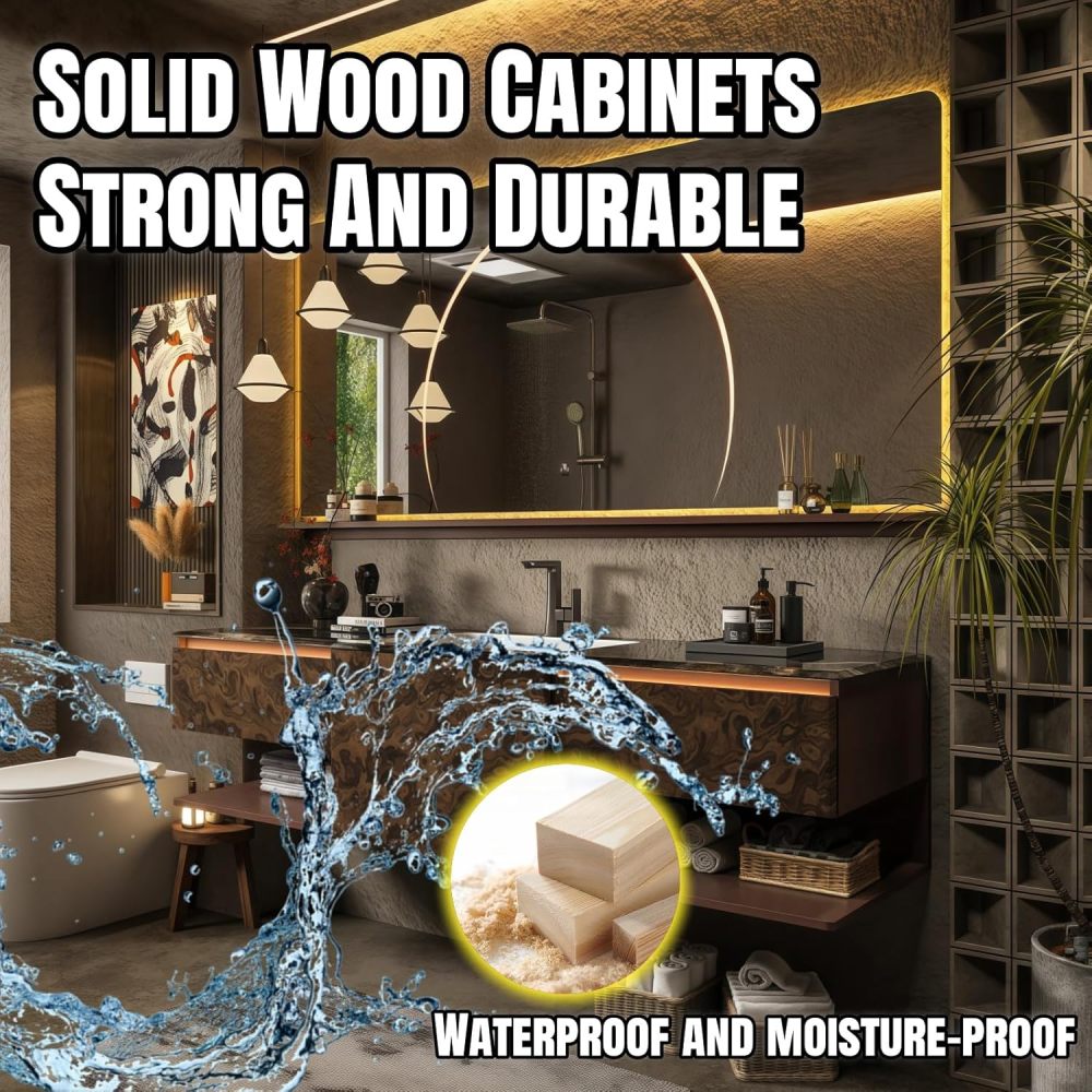 92" Bathroom Vanity with Sink - Luxury Bathroom Vanities Featuring Smart Anti-Fog Mirror, Multi-Layer Solid Wood Bathroom Storage Cabinet, Large Capacity Floating Vanity Set,Wood Grain Color