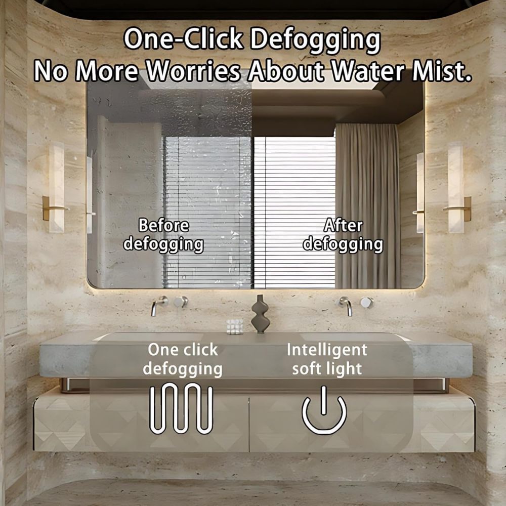 56IN Double Sink Bathroom Vanity - Luxury Bathroom Vanity with Smart Defog Mirror, One-Touch Defog & Lighting, Floating Sink Cabinet with 2 Drawers, No Assembly Required, Off-White