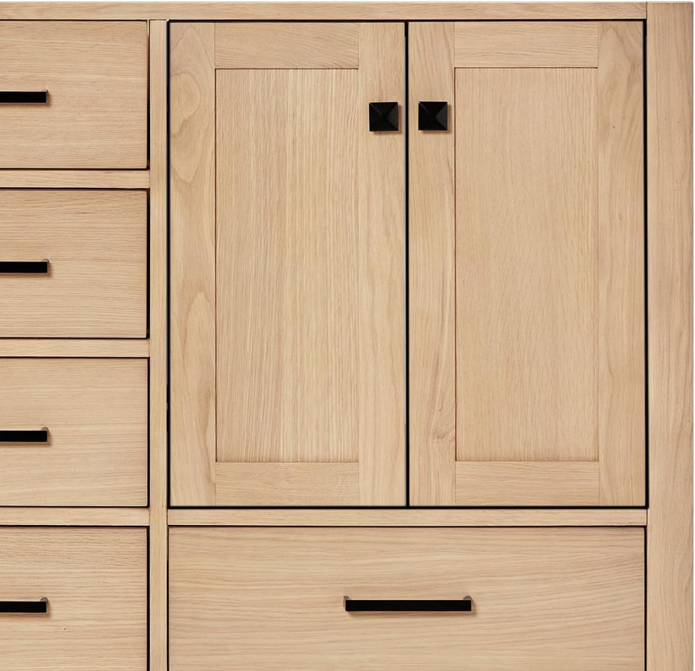 ARIEL Double Bathroom Vanity 73 inch White Oak with Rectangle Sink, 1.5 inch Edge Pure White Quartz Countertop & Backsplash, 4 Soft Closing Doors, 6 Full Extension Dovetail Drawers, Matte Black