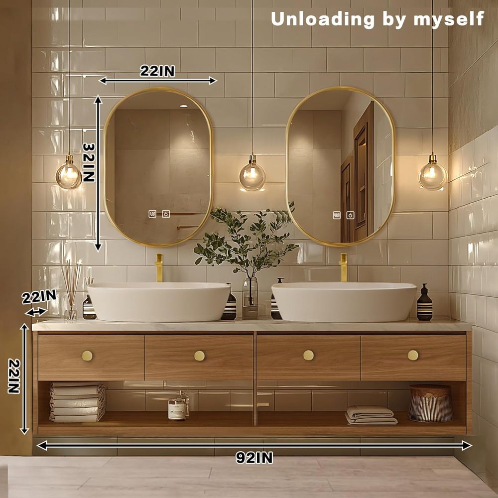 Bathroom Vanity - Retro Bathroom Vanity with Double Sinks Includes Above Counter Sink & Log Style|Open Storage Rack,LED Smart Mirror,Exquisite Handle(92IN)