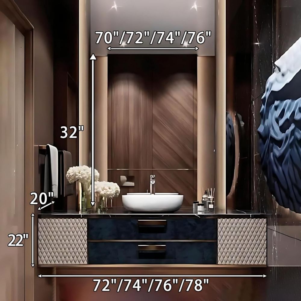 76IN Bathroom Vanity with Sink - Luxury Bathroom Vanity with Smart Defog Mirror, One-Touch Defog, Floating Sink Cabinet with Multiple Storage Areas, No Assembly Required, Blue - Mirror