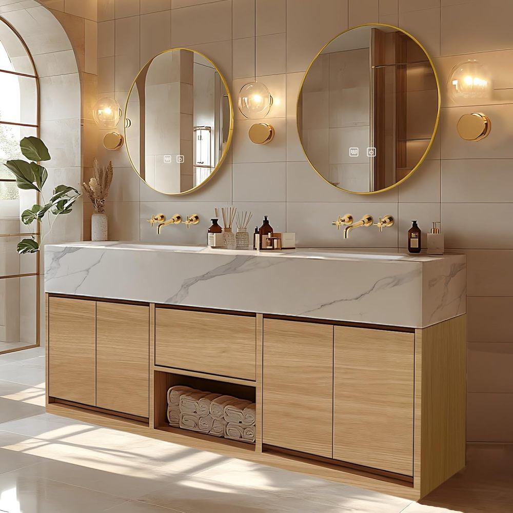 Bathroom Vanity - Modern Bathroom Vanity with Double Sinks Includes Log Style Surface & Symmetrical Cabinets|Log Country Style,Hidden Handle,LED Smart Defog Mirror(72IN)