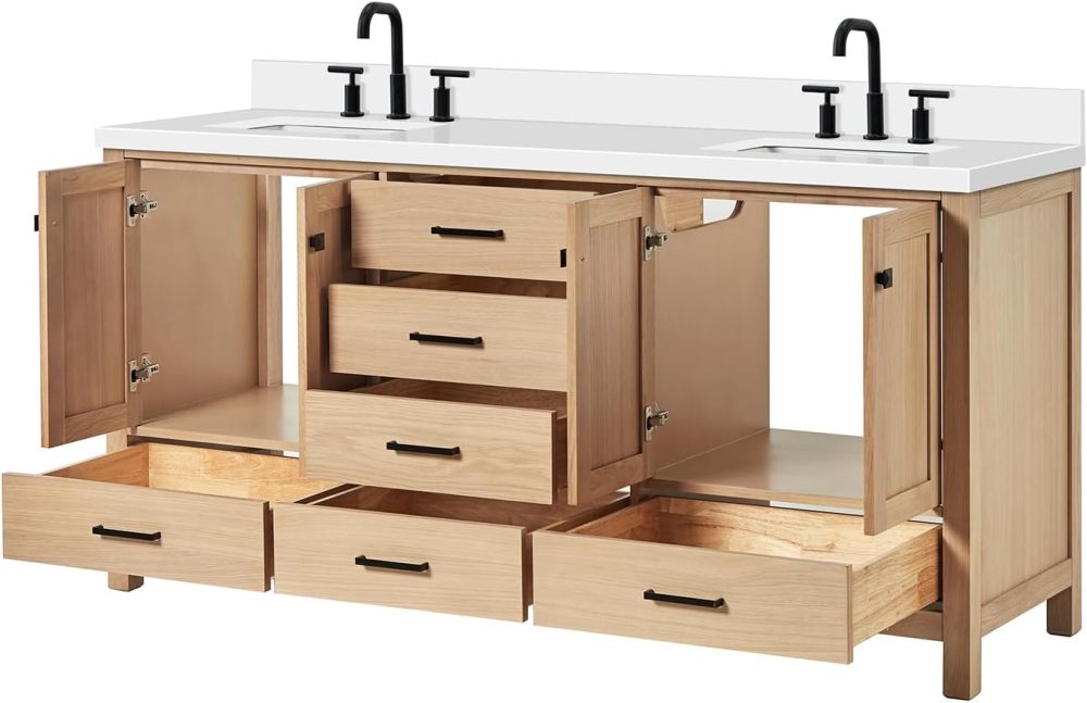 ARIEL Double Bathroom Vanity 73 inch White Oak with Rectangle Sink, 1.5 inch Edge Pure White Quartz Countertop & Backsplash, 4 Soft Closing Doors, 6 Full Extension Dovetail Drawers, Matte Black
