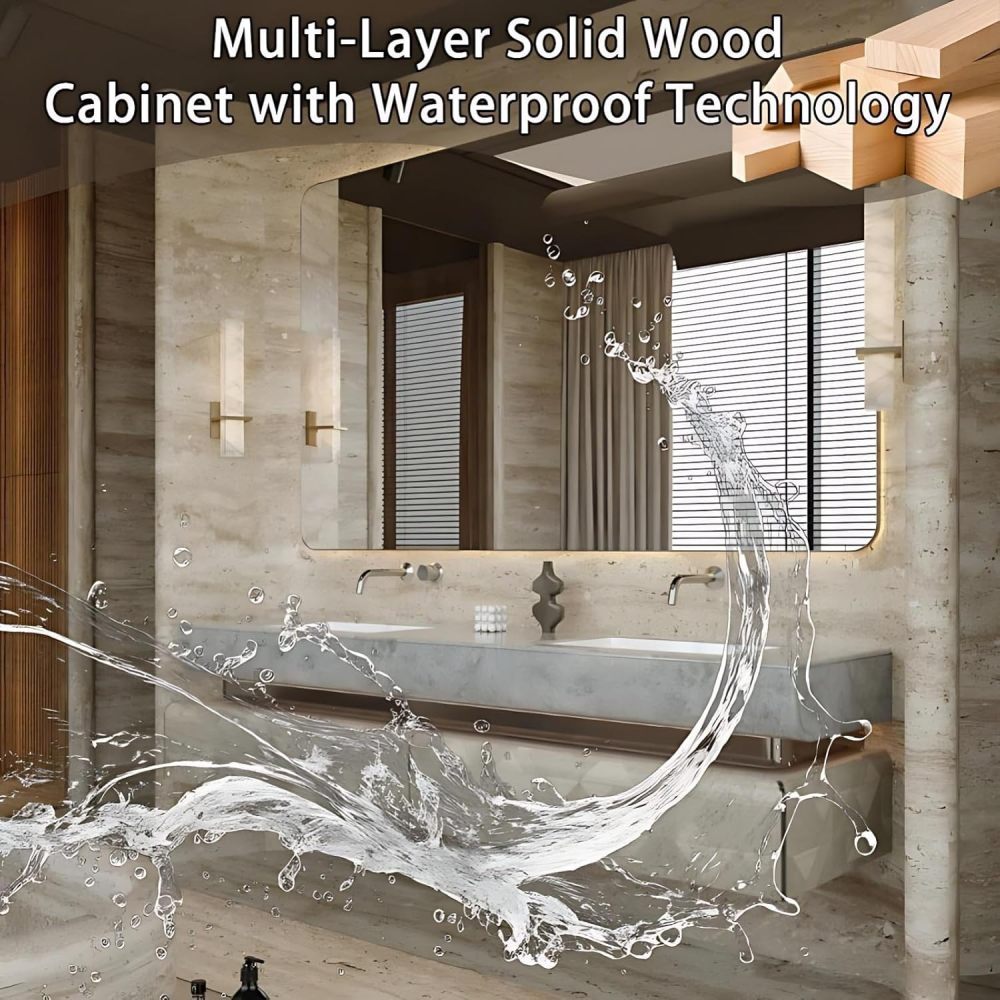 56IN Double Sink Bathroom Vanity - Luxury Bathroom Vanity with Smart Defog Mirror, One-Touch Defog & Lighting, Floating Sink Cabinet with 2 Drawers, No Assembly Required, Off-White
