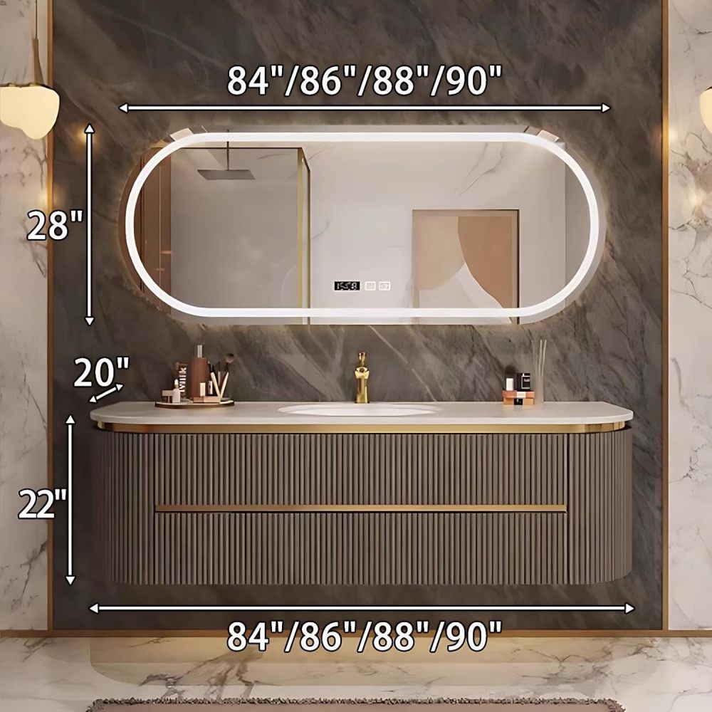 88IN Bathroom Vanity - Modern Bathroom Vanity with Smart Defog Mirror, Floating Sink Cabinet with 3 Drawers & Seamless Sink, No Assembly Required, Grey- Mirror